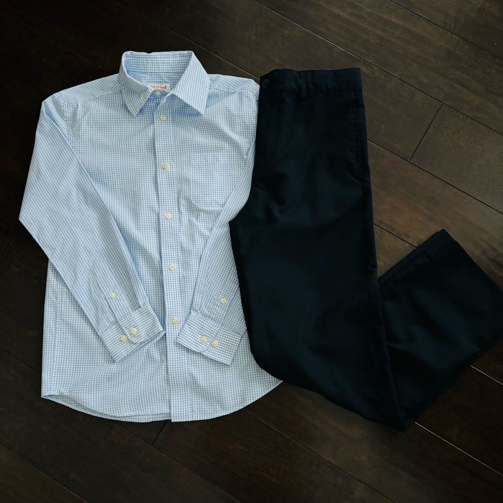 Cat & Jack Boys Plaid Shirt Medium & Navy Dress Pants 12